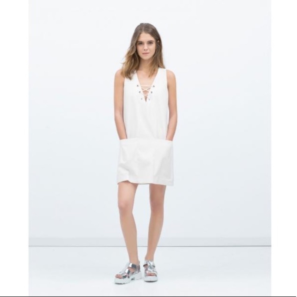 Zara White Lace-Up V-Neck Mini Dress